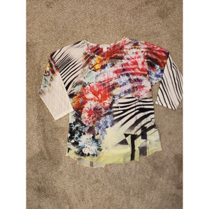 Women's Christopher & Banks Floral & Striped Sequin Top L Red Black